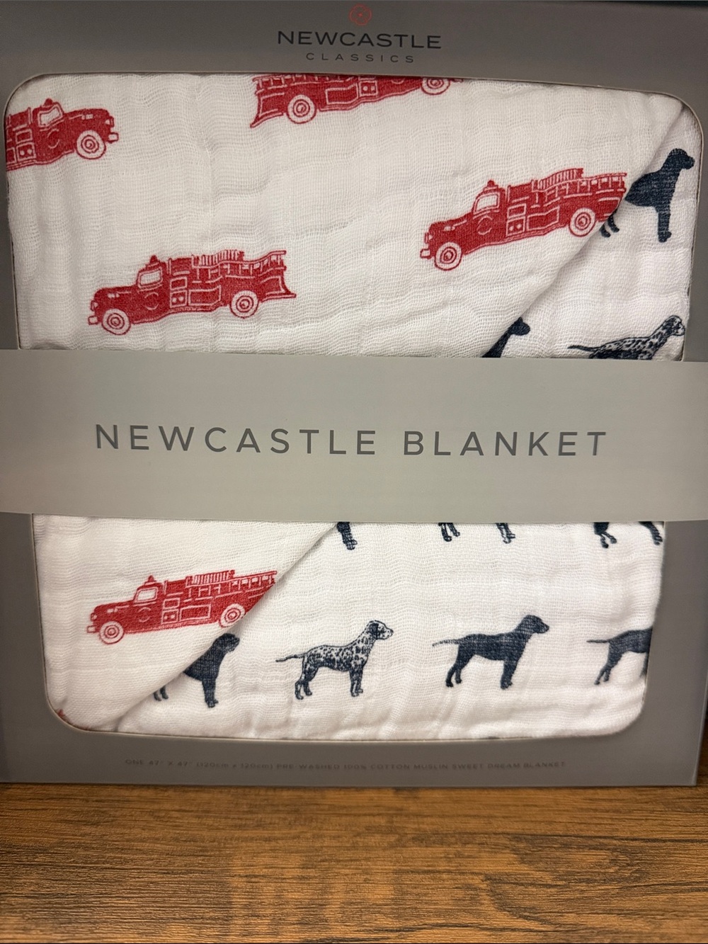 White Baby Blanket with Red Firetruck & Navy Dog Print